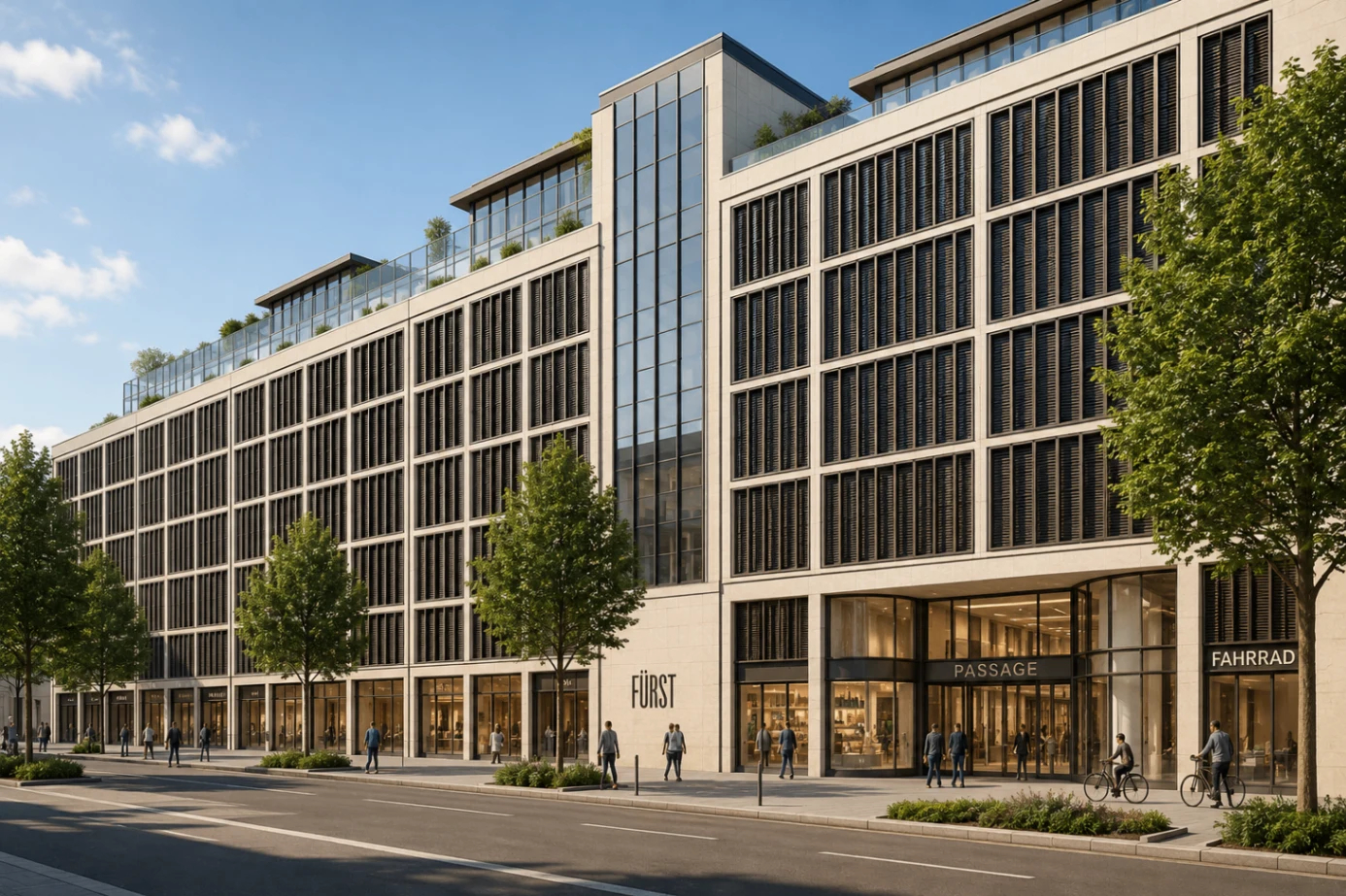 Bürogebäude in Berlin mit heller Steinoptik, dunklen Lamellen und großzügiger Eingangszone