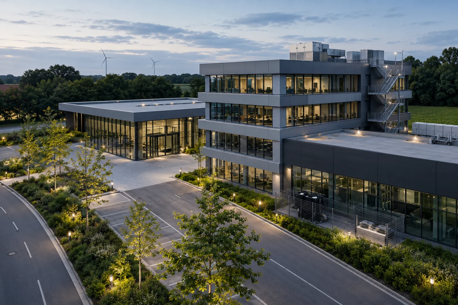 Modernes Bürogebäude in Borken mit heller Fassade und Vorplatz bei Dämmerung