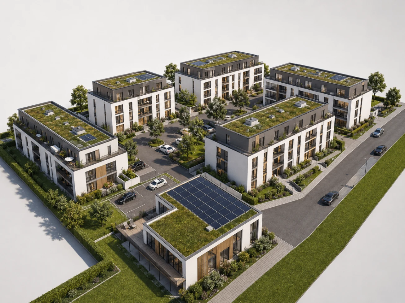 Wohnanlage in Essen-Heisingen mit mehreren modernen Wohngebäuden und begrünten Dächern