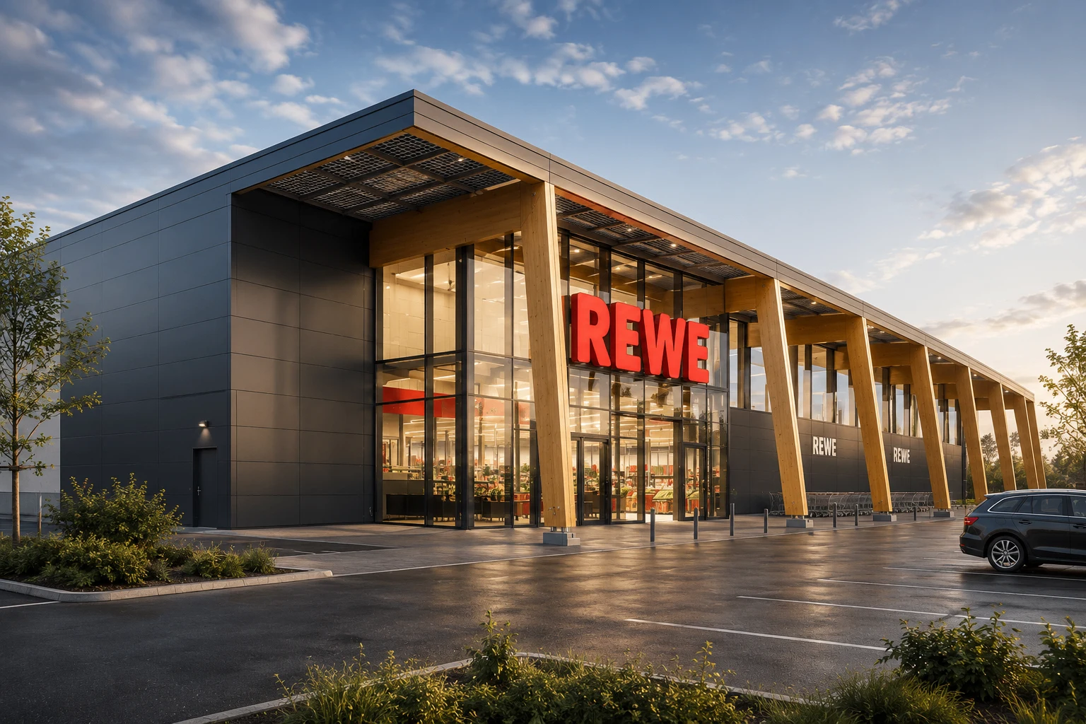 REWE-Markt in Krumbach mit dunkler hinterlüfteter Fassade, großer Glasfront und markanten Holzstützen