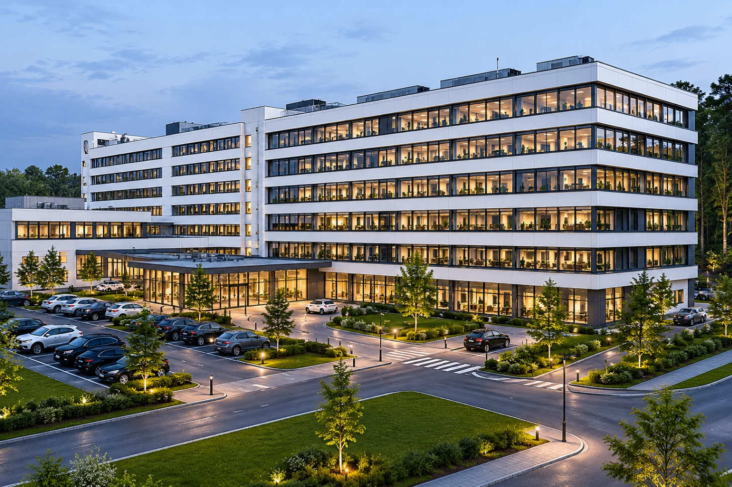 St. Marien-Krankenhaus mit beleuchteter Fassade und Vorfahrt im Abendlicht